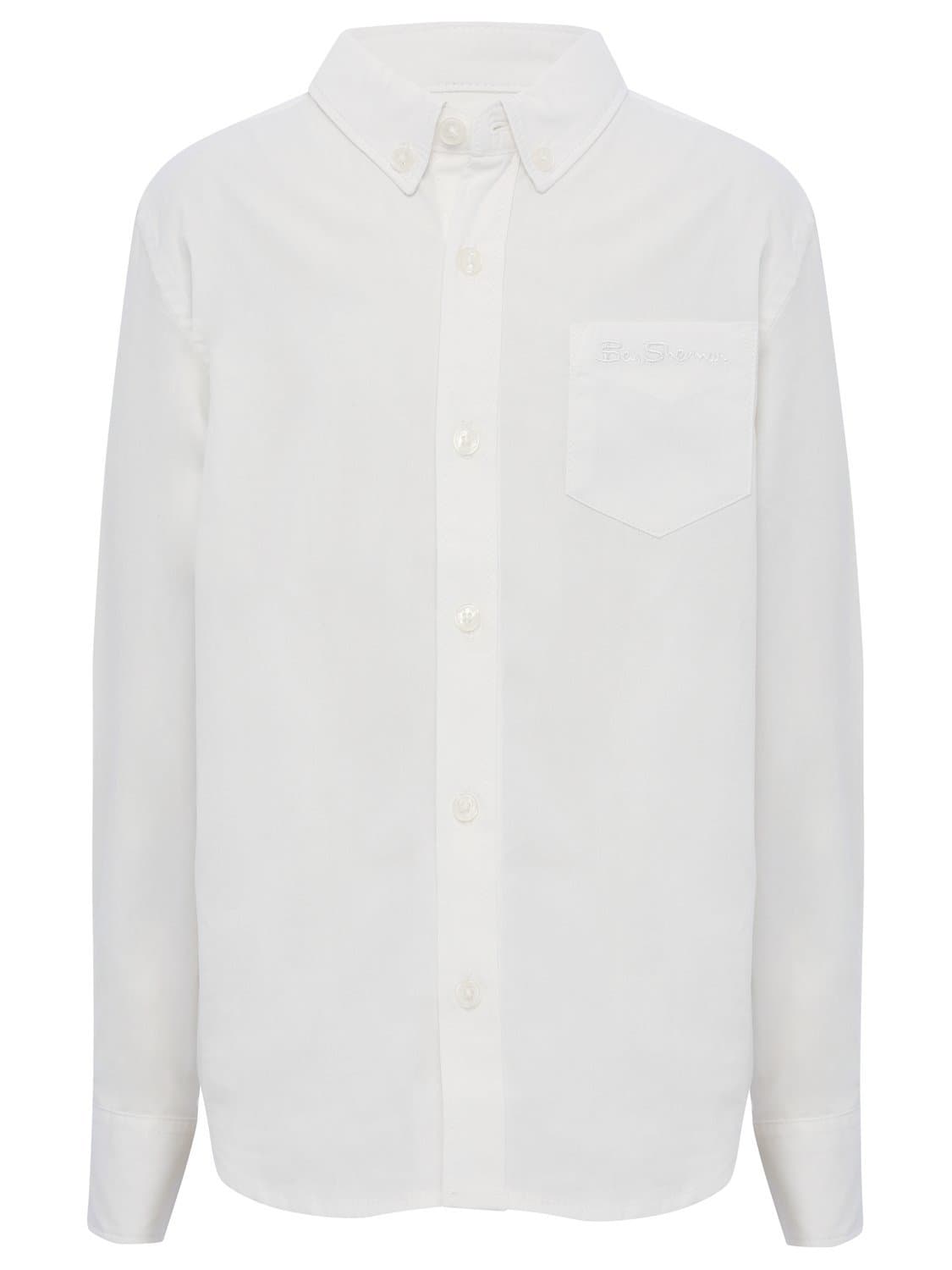 Ben Sherman Boys 100% Cotton White Long Sleeve Button Font Logo Chest Pocket Poplin Shirt