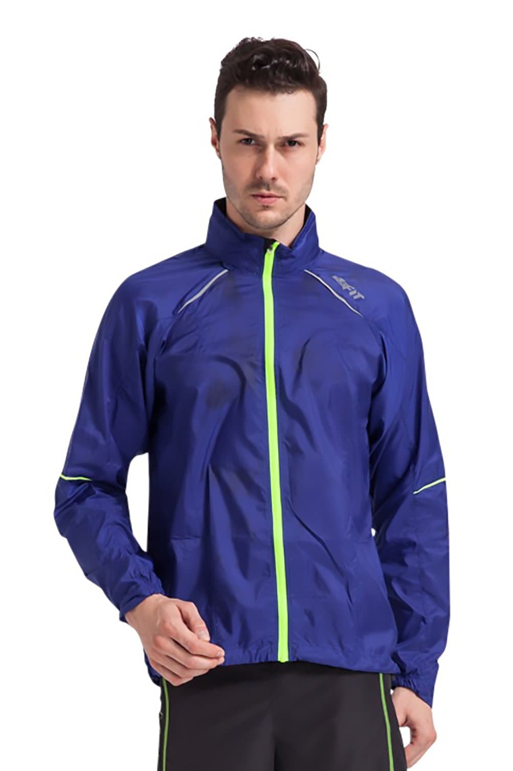 Mens Wind Resistant Water Repellent Ultra Light Activewear Running Jacket with Light Reflective Material and Internal Earphone Loops (Royal Blue - Size XL)