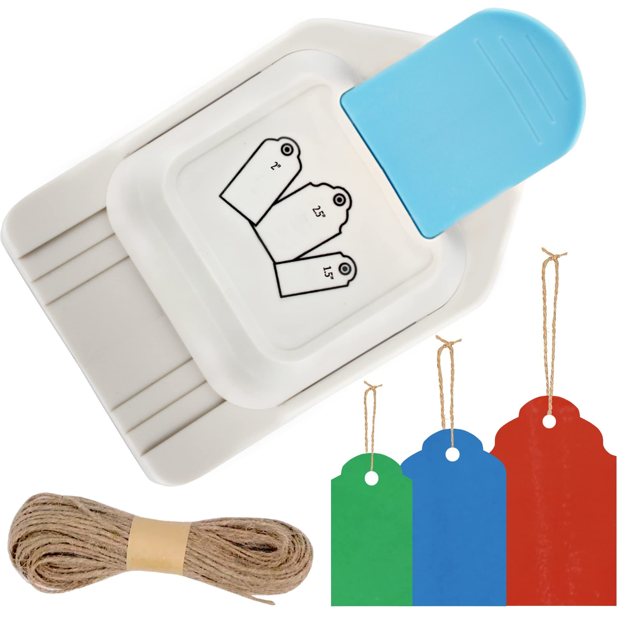 ECOHU Paper Craft Tag Punch 1.5" 2" 2.5" - with 1 roll Hemp Rope 32ft - Tag Shape Lever Action Craft Puncher for Paper Crafting Scrapbooking Cards Arts for DIY Projects