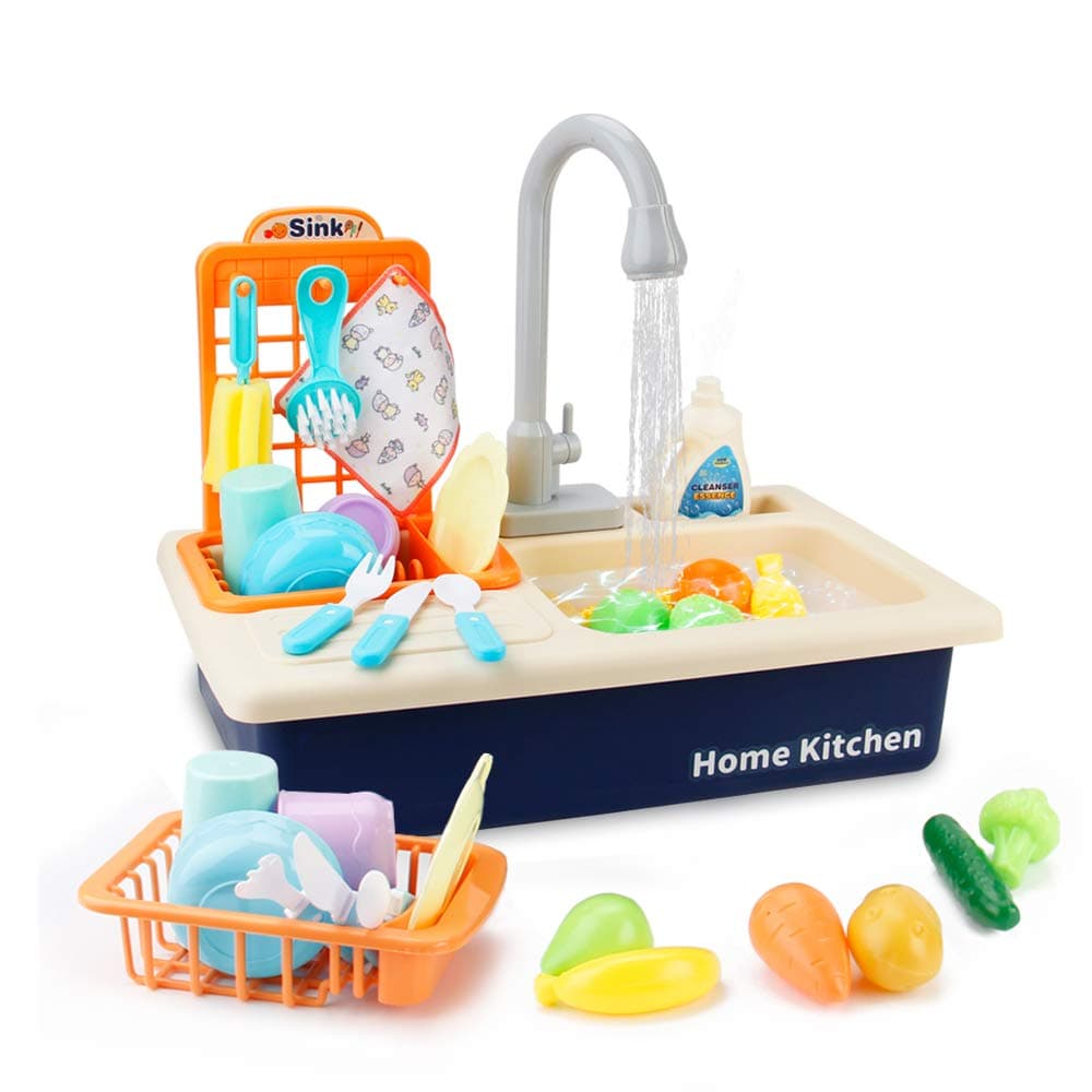 BOBXIN Play Sink with Running Water, Kids Play Kitchen Toy Sink Electric Dishwasher, Pretend Role Play Kitchen Toys Set with Upgraded Working Faucet and Dishes Playset for Toddlers Girls Boys