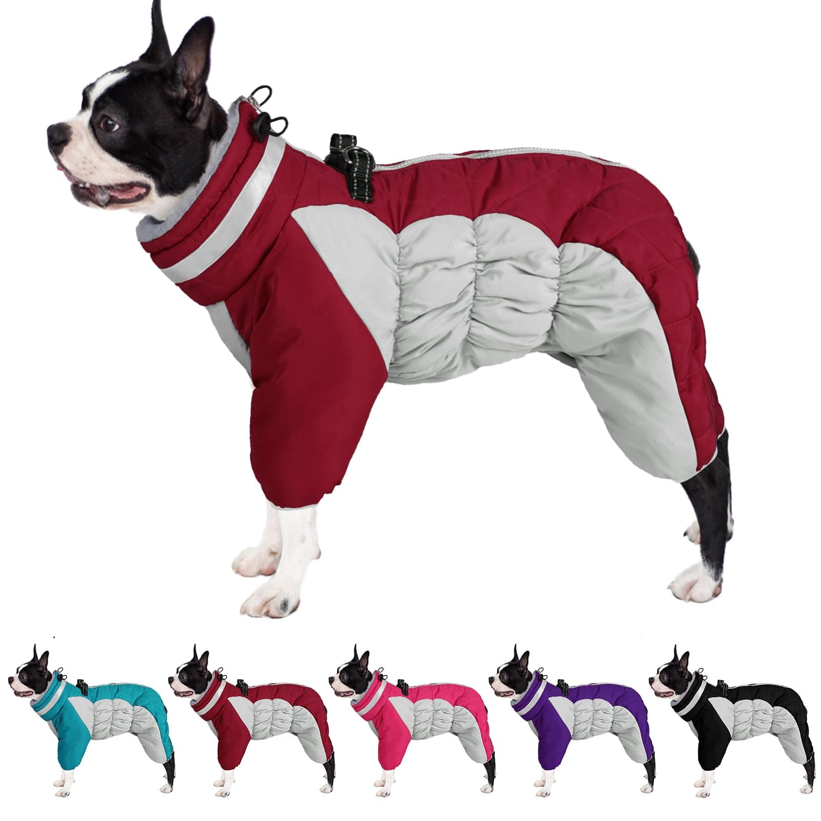 AOFITEEFullbody Dog Coat Warm Fleece Dog Jacket, Windproof Dog Winter Coat with Harness Built in, Reflective Turtleneck Dog Snow Jacket Snowsuit, Four-Legged Puffer Coat for Small Medium Large Dogs L