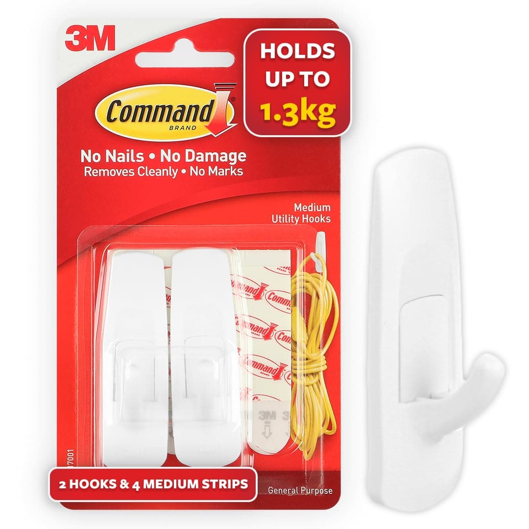 3M Command Medium Wall Hooks, Holds 1.3kg, No paint damage, Heavy Duty, Holds Strongly, Reusable, Adhesive hooks for wall, Multi-surface (White, 2hooks, 4 strips)