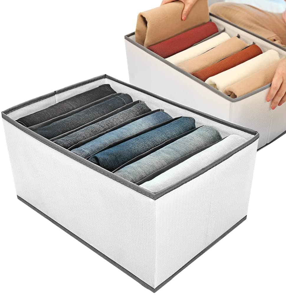 4PCS Wardrobe Clothes Organizers | Foldable Non-Woven Closet Drawer Organizer for Shirts, Jeans, T-Shirts, Sarees, Pants, Sweaters | Storage Box for Almirah - 36X25X 20 Inches - White, 4 PCS