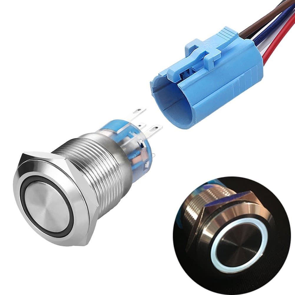 Quentacy Momentary Push Button Switch 1NO1NC Waterproof Silver Stainless Steel Shell 12V LED Ring Illuminated Switch with Wire Socket Plug Suitable for 19mm 3/4 Mounting Hole (White)