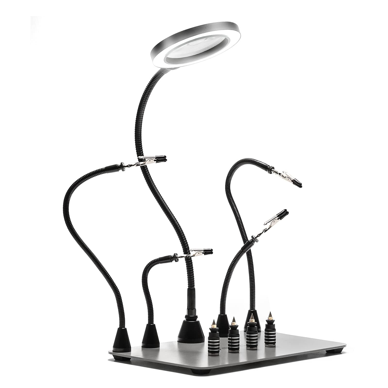 SainSmart Magnetic Soldering Iron Stand, 5x LED Magnifier Light, 4 Magnetic Flexible Arms, 4 PCB Holder with Steel Base, Soldering Iron Fixing Tool, Precision Work Clip DIY