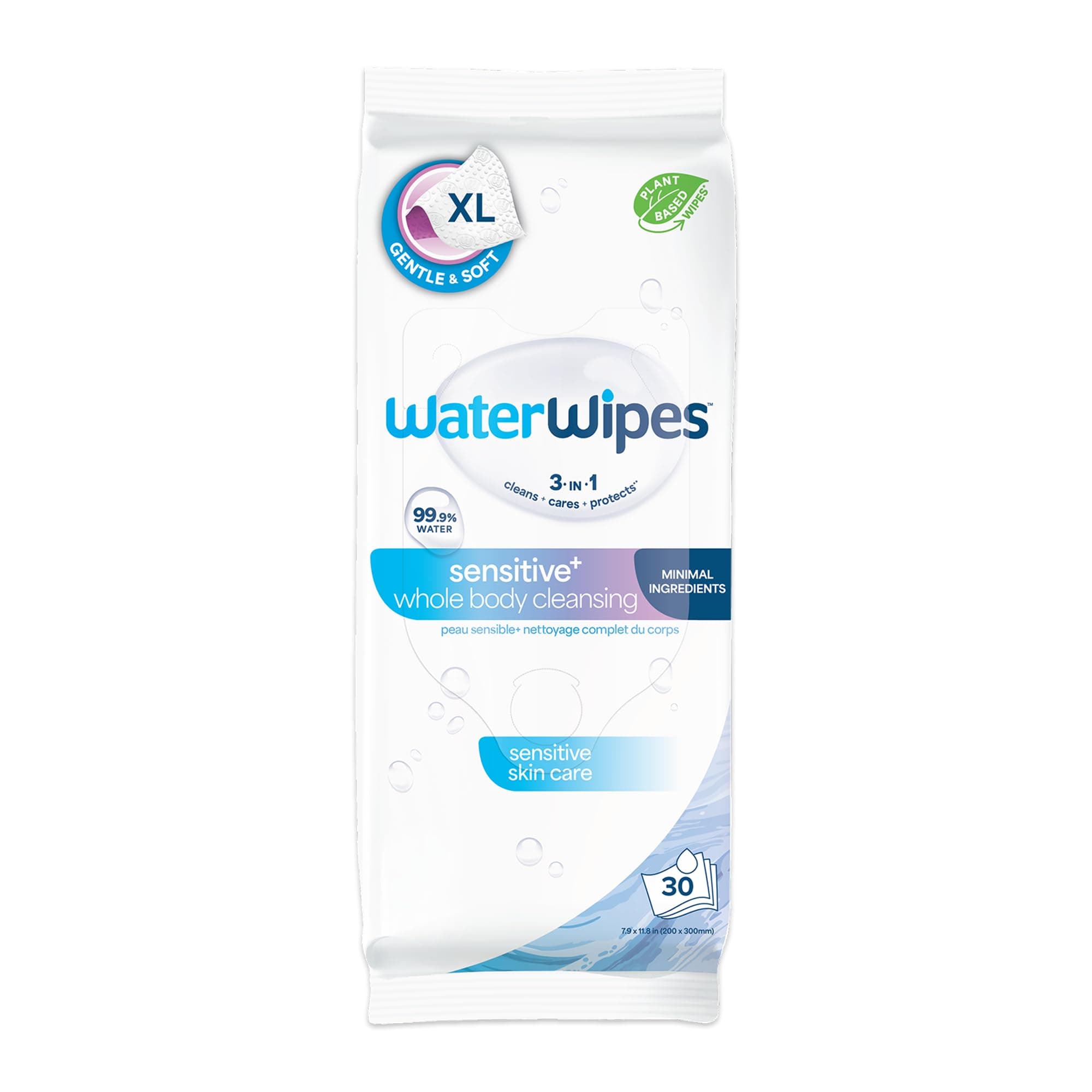 Sensitive Whole Body Cleansing Wipes, 99.9% Purified Water, XL Textured Wipes, Incontinence Care, Fragrance Free, 30 Count