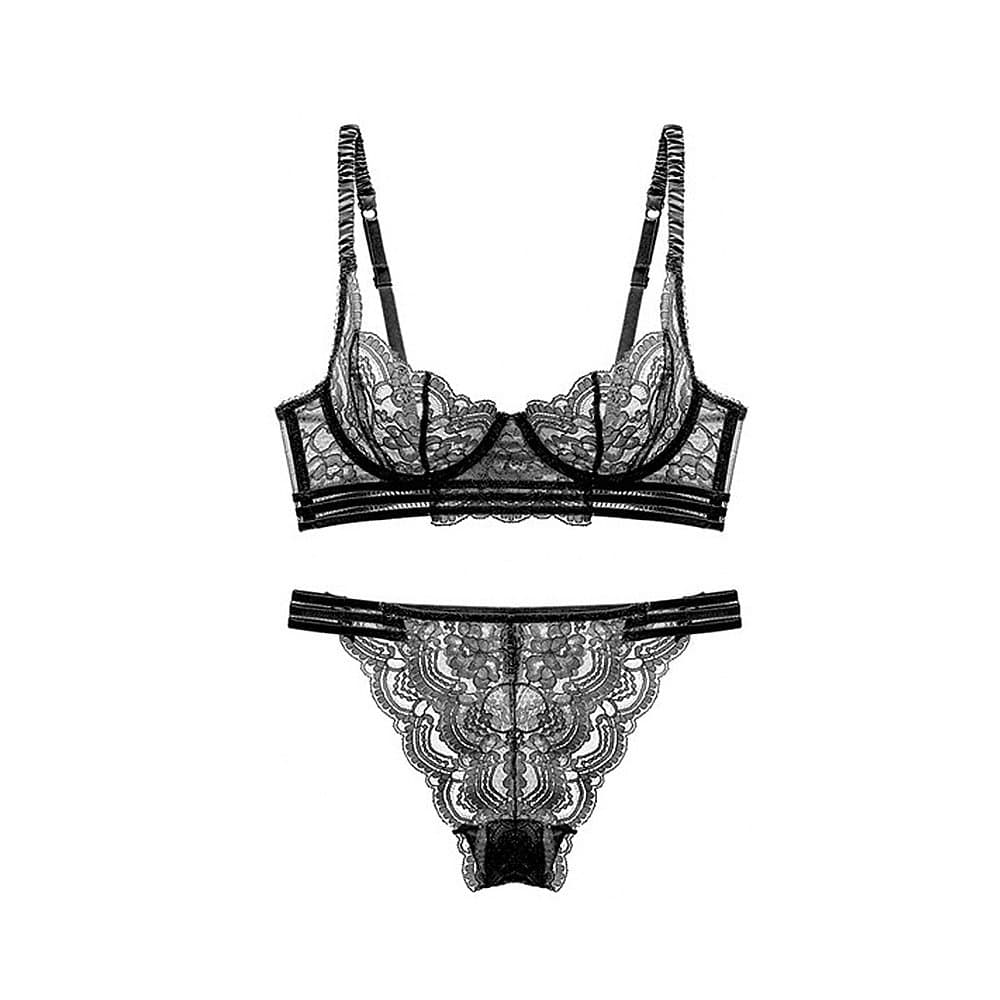 Women's Sexy Soft Lace Lingerie Set See Through Underwear Floral Lace Underwire Sheer Bra and Panty Set(Black,40C)
