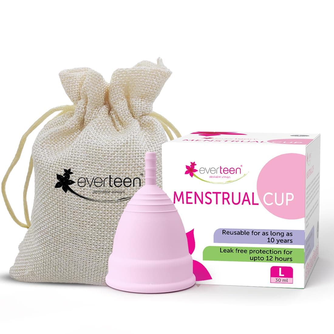 everteen® Menstrual Cup for Women- 1pc (Large, 30ml) with storage pouch- 12 hours Leak-Proof Protection. Have period with no smell, no discomfort.