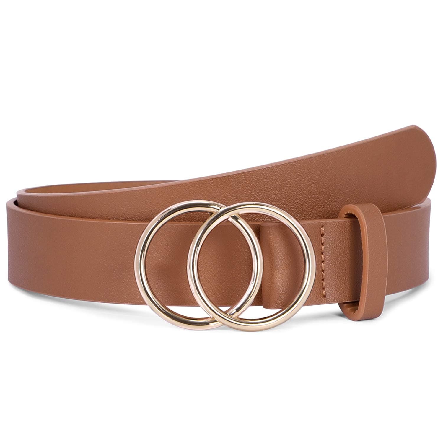 SUOSDEYWomen Leather Belt Fashion Double O-Ring Soft Faux Leather Waist Belts For Jeans Dress