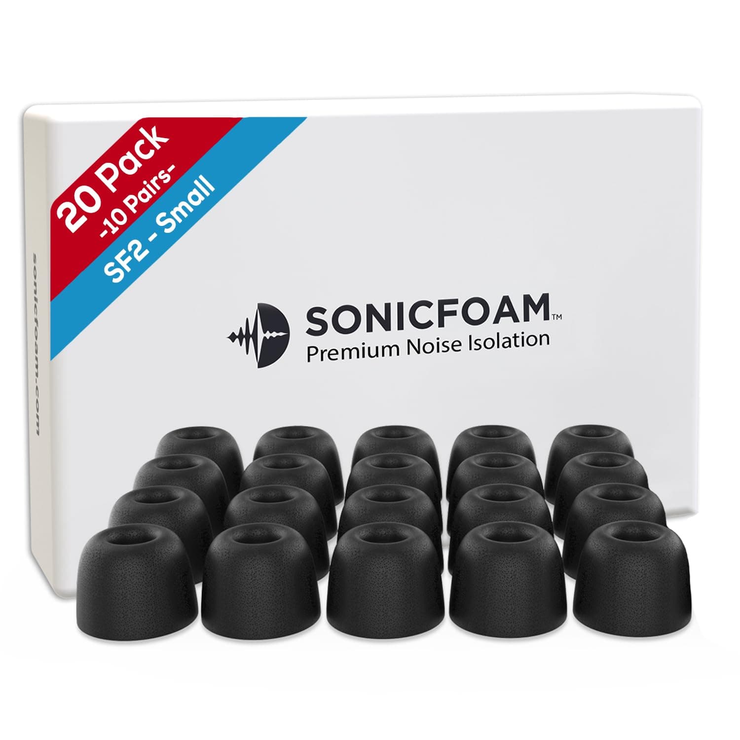 SONICFOAM (SF2 Small Black) Memory Foam Earbud Tips for Earbuds with Speaker Diameter 4.4-5.7mm - (20 Pack / 10 Pairs)