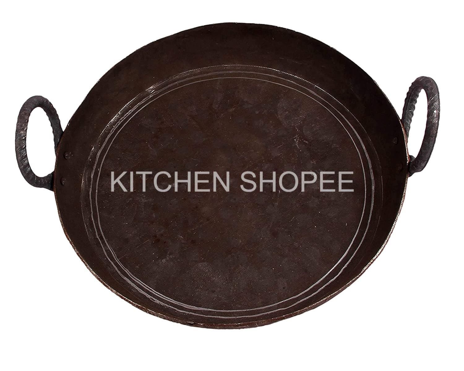 KITCHEN SHOPEE Heavy Base Iron Flat Kadai Fry Pan for Making jalebi, dal tadka, 12 Inches,310 cm Original Iron loha color black 4 Liters
