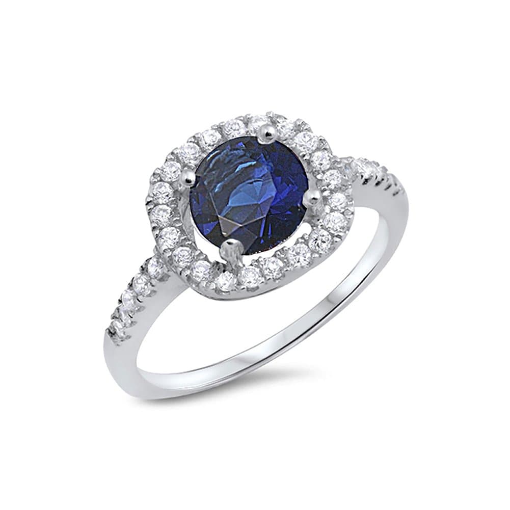Sterling Silver Round Simulated Blue Sapphire Halo Ring (Size 5-10)