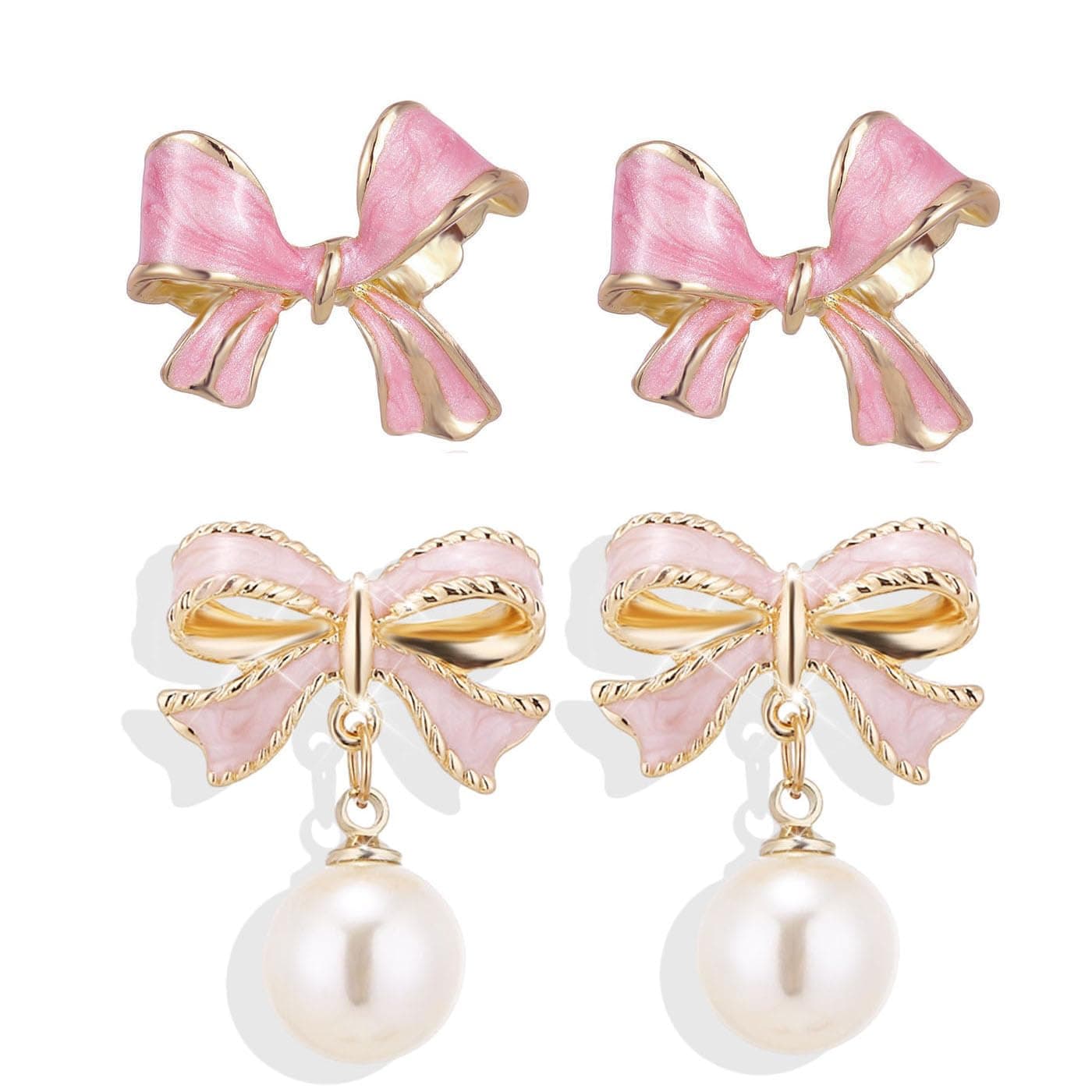 Gold Bow Earrings Pink Small Classic Bow Stud Earrings for Women Dainty Pearl Bow Dangle Earrings Hypoallergenic Gold Earrings Christmas Bow Earring for Women