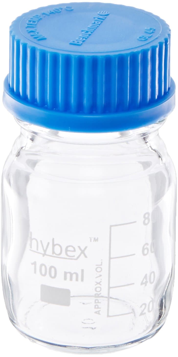 Benchmark Scientific Hybex B3000-100 Borosilicate Glass Graduated Media Storage Bottle with Polypropylene Blue Cap, 100ml Capacity (Pack of 10)