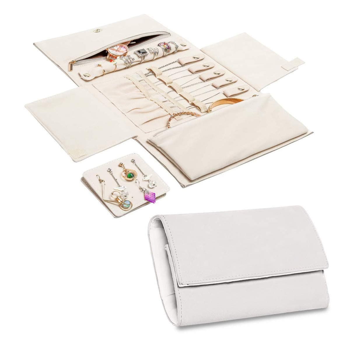 Bosidu Travel Jewellery Organiser Roll Jewellery Case for Earrings, Bracelets, Necklaces, Rings, Perfect Large Capacity Portable Jewel Storage Roll for Travel/Daily Use/Christmas(Beige)