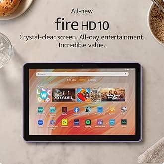 Like-New Amazon Fire HD 10 tablet (newest model) built for relaxation, 10.1" vibrant Full HD screen, octa-core processor, 3 GB RAM, 32 GB, Lilac