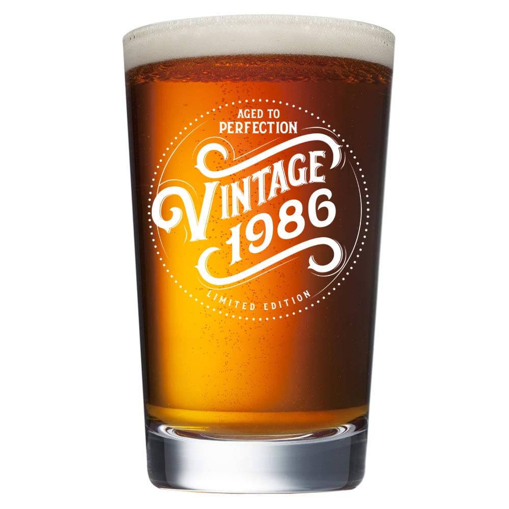 Aged to Perfection 1987 Birthday Gifts - 34th Birthday Gifts for Women Men Born in 1987 - 16 Oz Engraved Vintage Beer Can Glass - For 34 Year Old - Back in the Day 1987 Bday Card and Candy Decorations