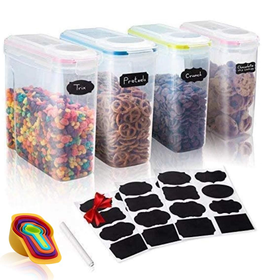 PalmTreeChef-Set of 4 Cereal & Dry Food Storage Container- 6 Measuring Cups Set -24 Free Chalkboard Labels & Pen -Great for Pasta, Rice, Sugar, Flour, Baking, Pet Food & More -4L