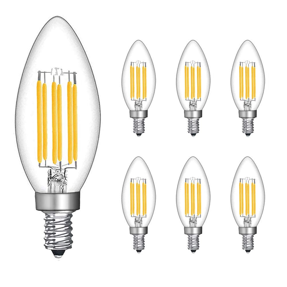 BATHEBRIGHT E12 Led Candelabra Bulb 60w Dimmable Chandelier Light Candelabra Led Bulbs 2700K Warm White 6W Filament Candle Lightbulbs 6 Pack