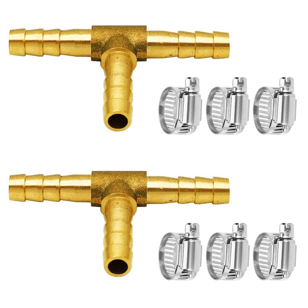 Brass Tee Barb Fittings with Stainless Steel Pipe Clamps, 6mm Hose Intersection, 2 Pcs， Brass Tee Barb Fittings for 1/4" ID Hose