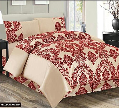 Kelly Super Luxury Damask Flock 4pcs Complete Bedding Sheet Set - 2 Pillow Cases/Valance Sheet/Quilt Cover - Cream Red (Double Bed)