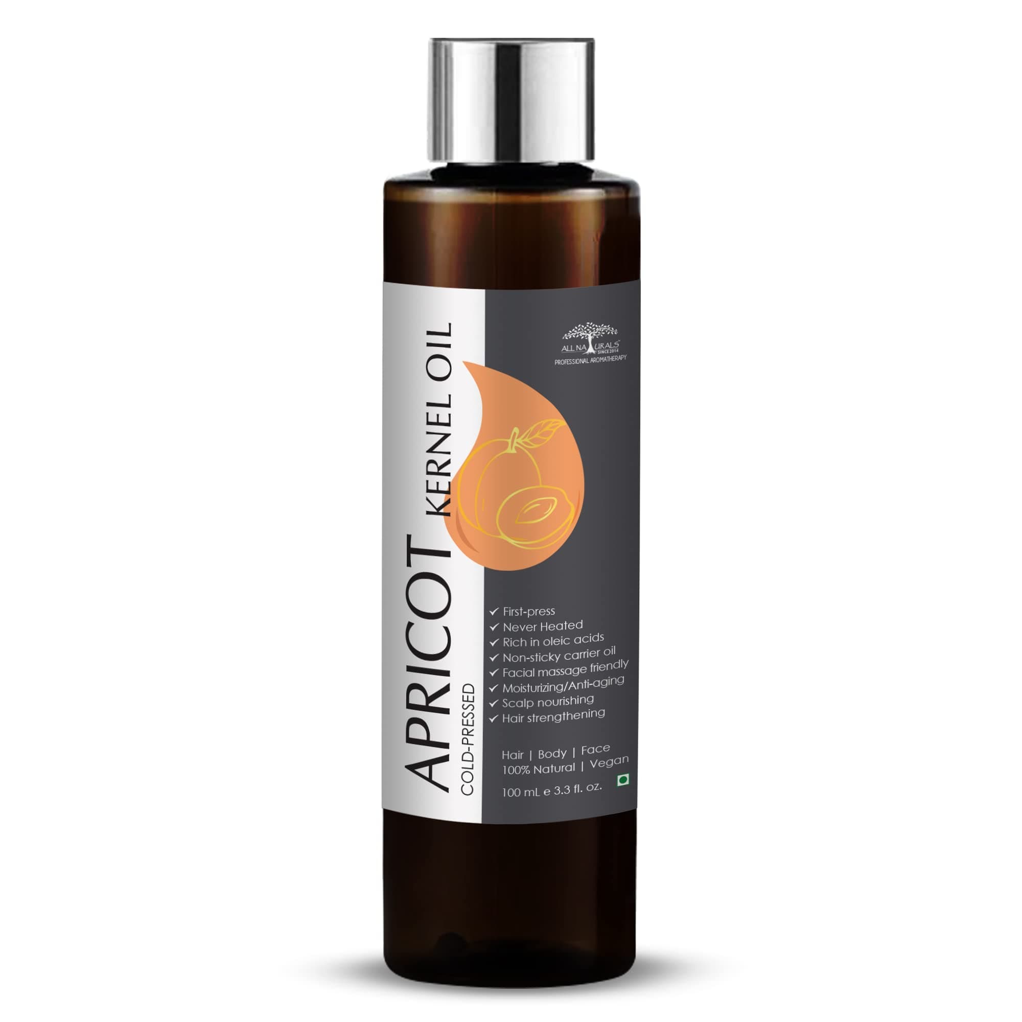 - All Naturals Apricot Oil Cold Pressed (Himachal Pradesh) | Suits Most Skin Types, Anti-aging, Shiny Nails, Hair Growth, Face & Body | 100 mL