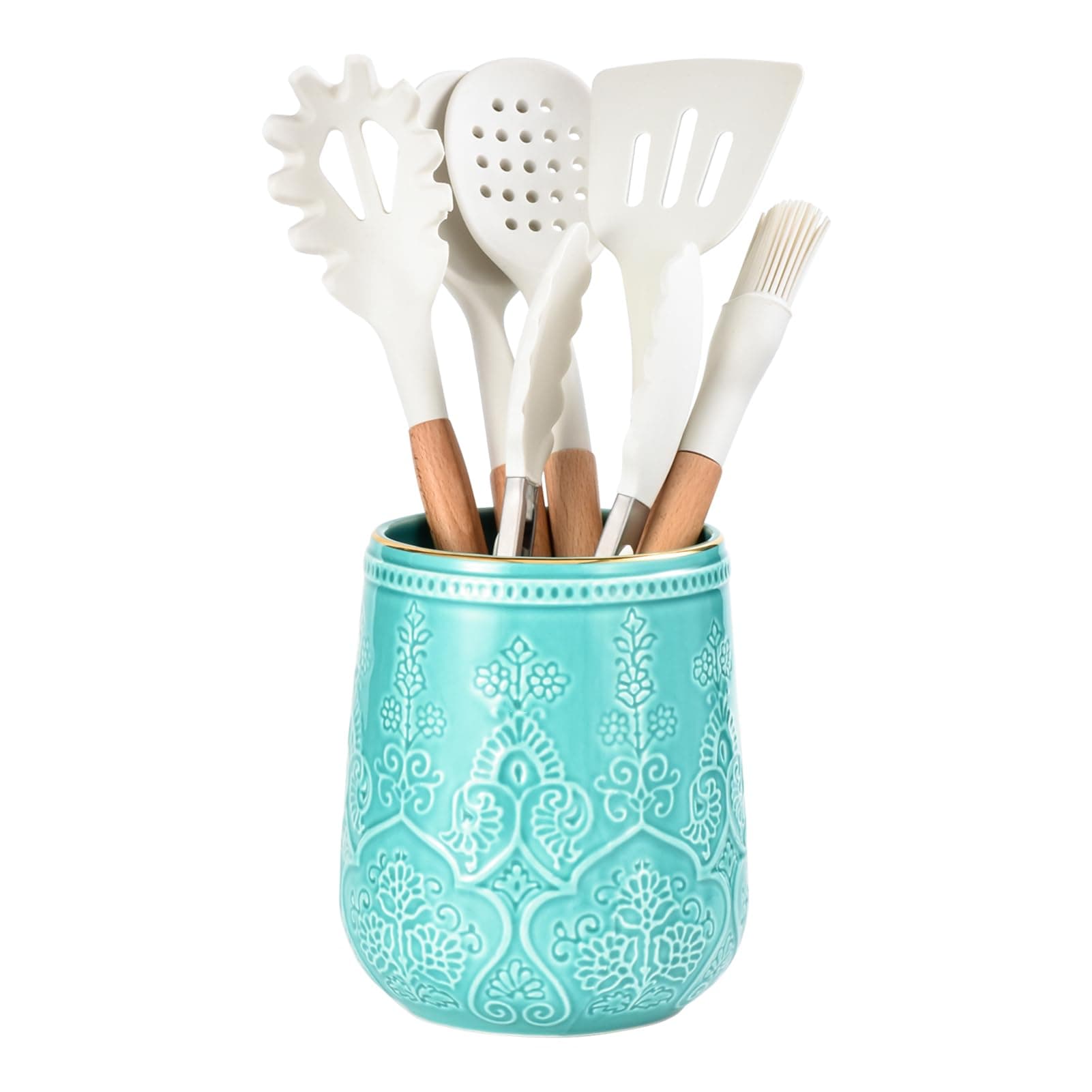 Utensil Holder, Large Utensil Holder for Kitchen Counter, 6.5”Ceramic Cooking Utensil Organizer, Kitchen Decor for Counter (Turquoise)