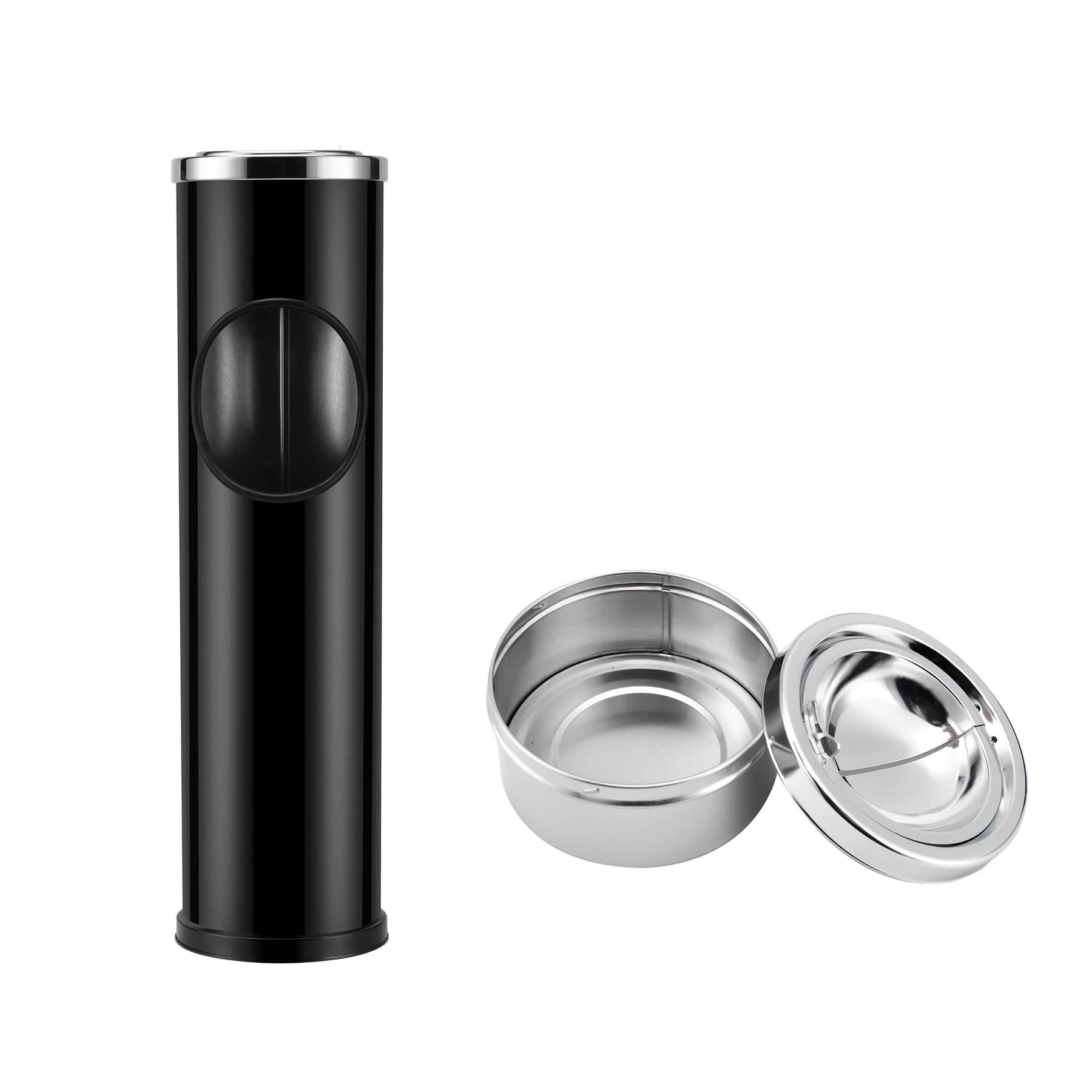Standing Ashtray Outdoor for Patio, Large & Tall Outside Ash Tray for Cigarette Butt Receptacle Disposal, Commercial Metal Smokers Cigar Ash Tray Container with Lid and Trash Can, D01BK
