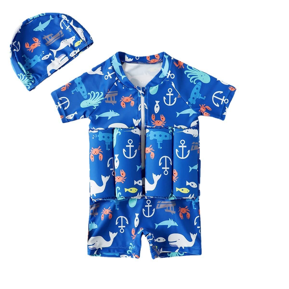 Baby Toddler Girls Boys Float Suit One Piece Rashguard Cartoon Short Sleeve Zip up Buoyancy Swimsuit +Cap