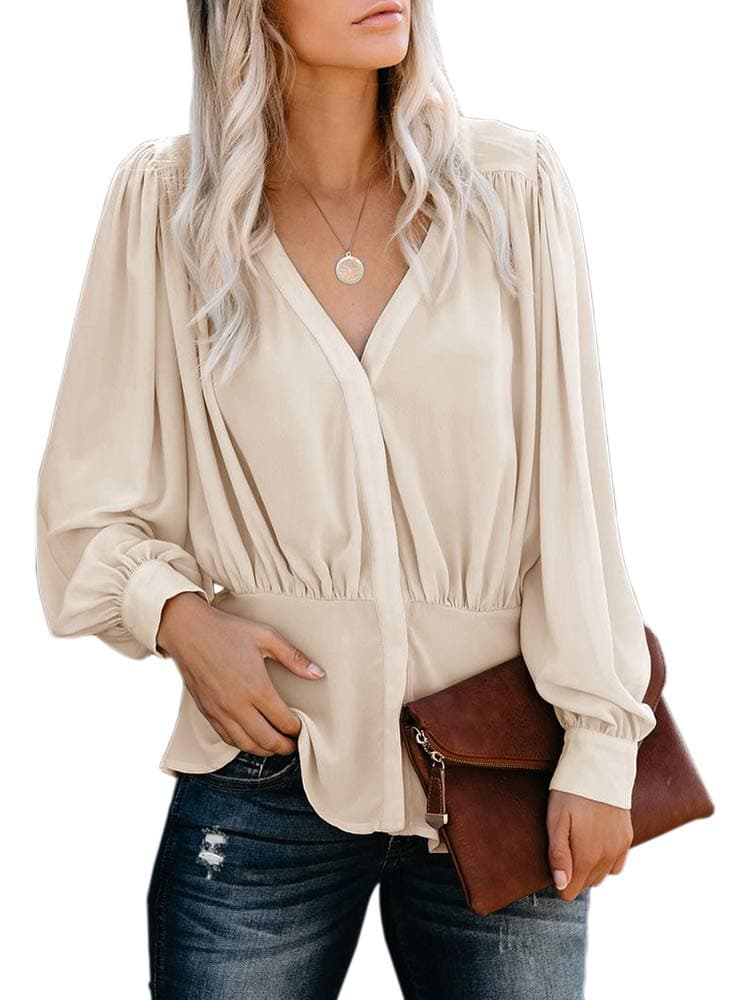 GemijackWomen Blouse Elegant V Neck Ruffled Chiffon Tops Vintage Empire Waist Long Sleeve Shirts