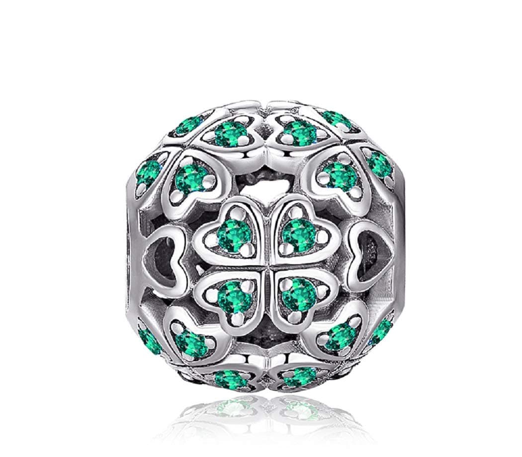 FeatherWish 925 Sterling Silver Four Leaf Clover With Love Hearts Bead Charm With Green Cubic Zirconia Fits Pandora Bracelet