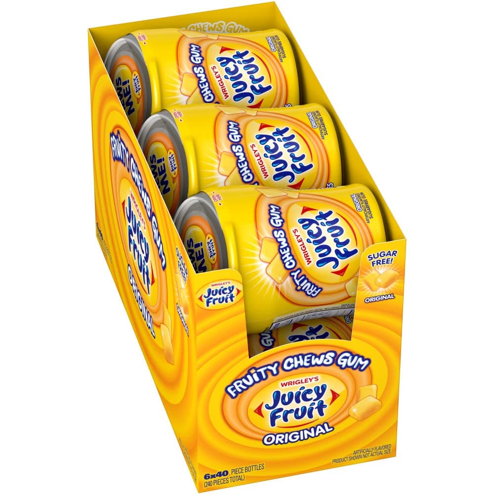 JUICY FRUIT Gum Sugar-Free Chewing Gum, JUICY FRUIT Chews, 40 Pieces Per Bottle, (Pack of 6)