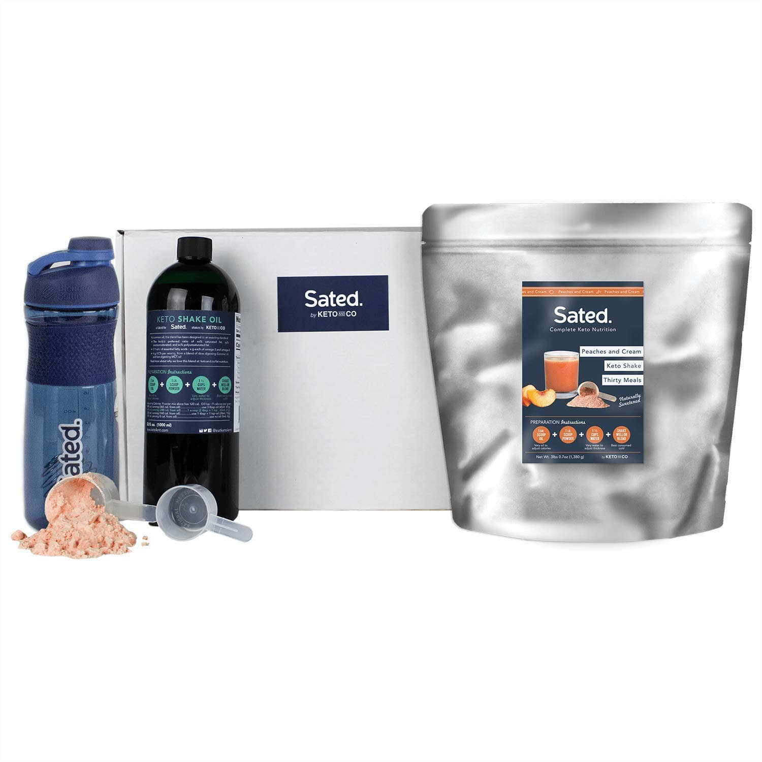 Sated Keto Meal Shake | 18g Protein | 30 Meal Starter Kit w/ Blender Bottle | Just 1.5g Net Carbs Per Shake | Diabetic Friendly, No Sugar Added, Low Carb, Prebiotic Fiber | (Peaches & Cream, 30 Meals)
