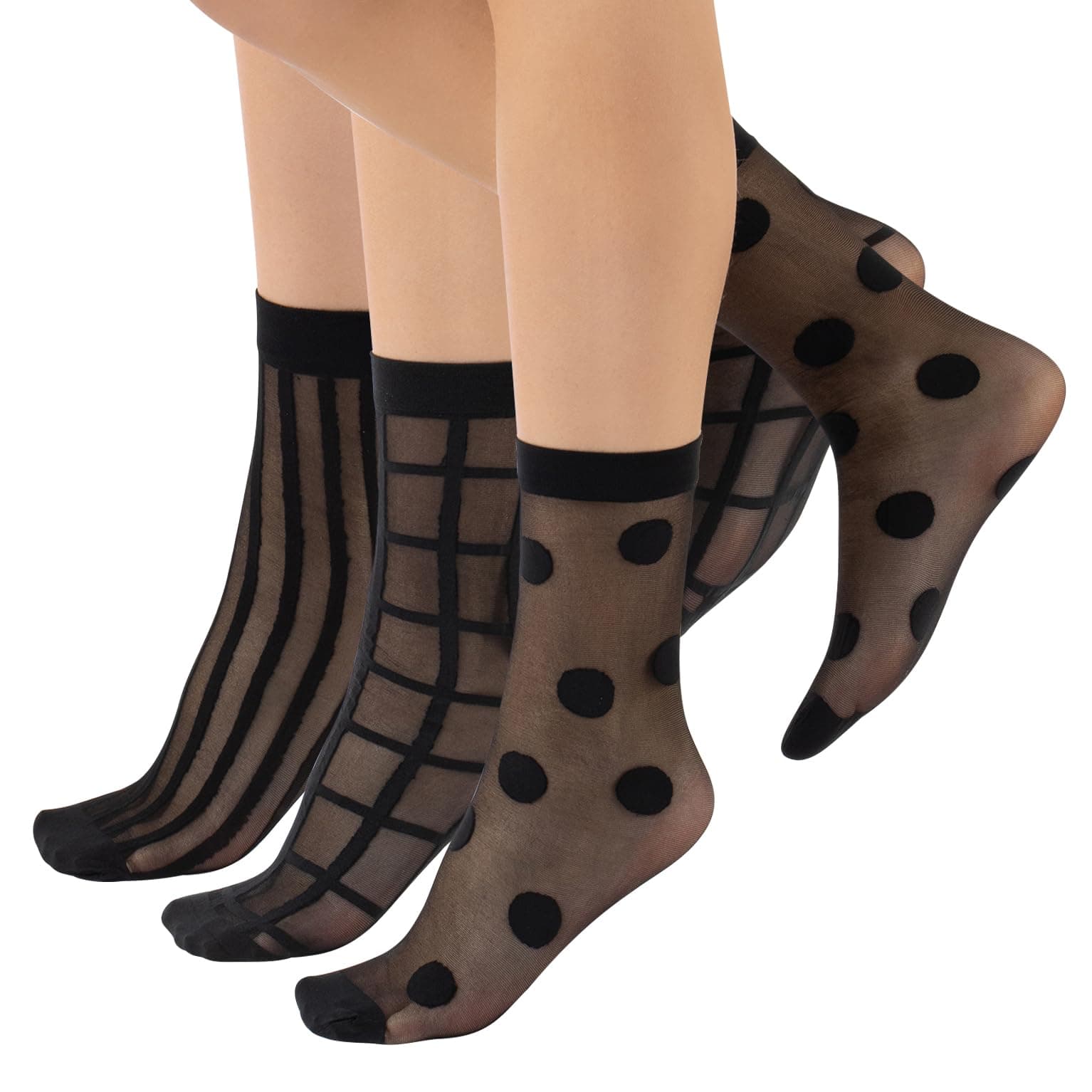 3 Pairs Women Pop Socks, Sheer Everyday Ankle Socks in 3 Different Designs: Dots, Stripes and Geometric