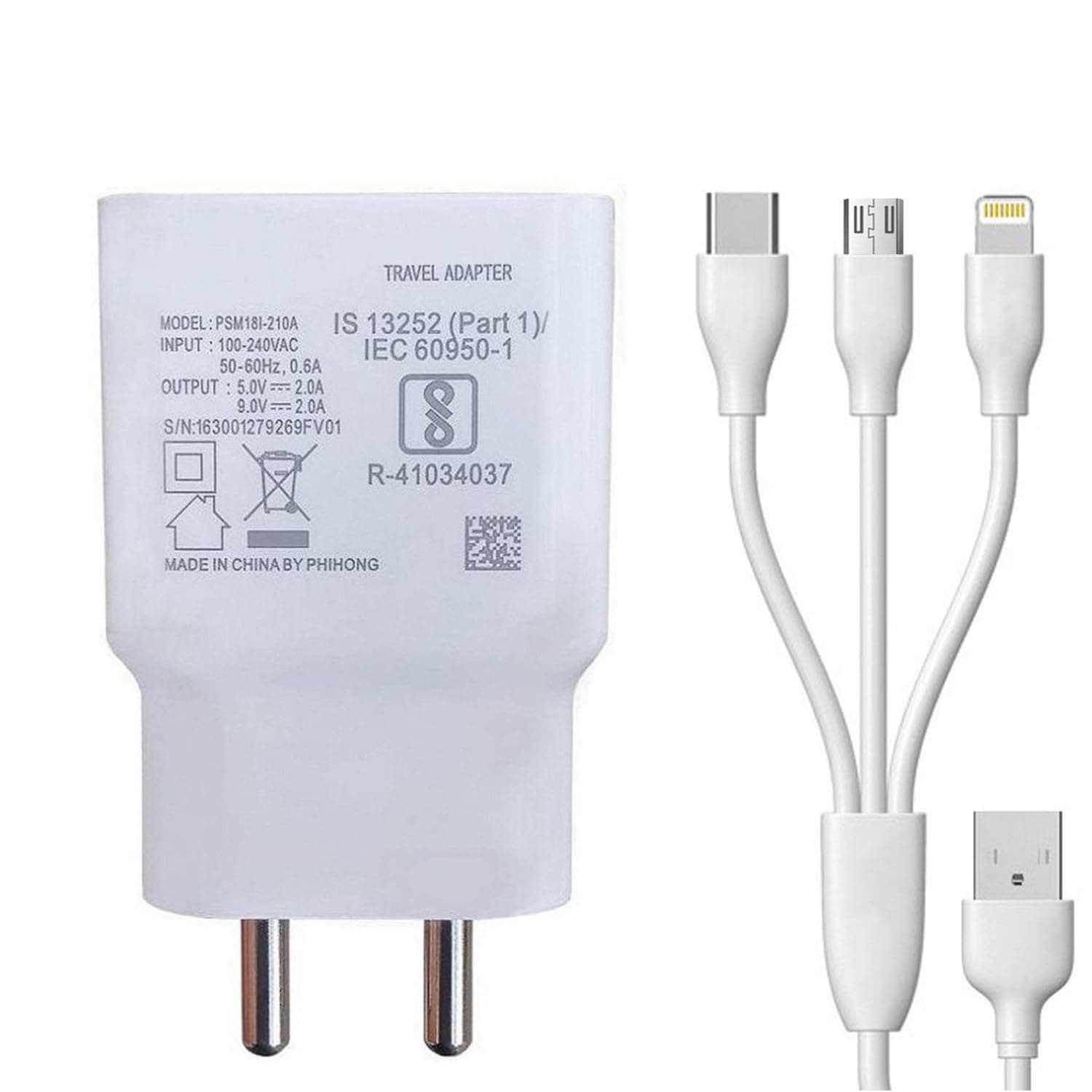 3 in 1 Charger for Sony Xperia Z Wall Mobile Charger with 1.2m 3-in-1 Multi Functional Super Charging Cable Micro USB Android, iOS and Type-C USB Cable - (White, 3.0Amp, BRT.C1, VO)