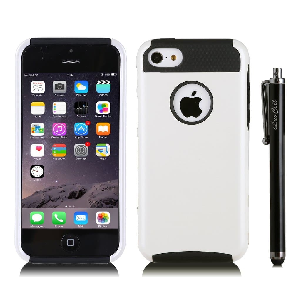 iPhone 5c Case, iLuvCell Hybrid Dual Layer Shockproof Case for iPhone 5c with Soft and Strong Inner Case and Hard Outer Cover, Stylus Included (White/Black)