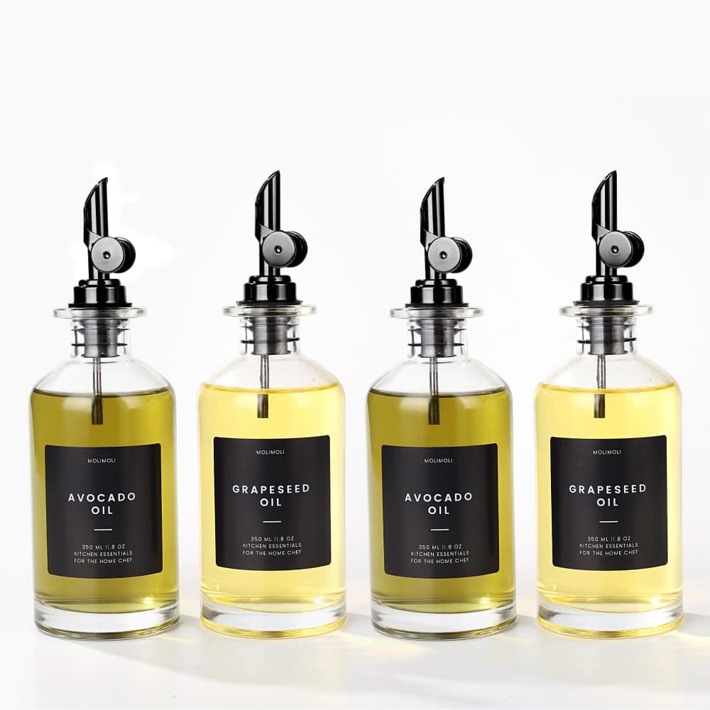 Olive Oil Dispenser Bottle for Kitchen With Weighted Pourer - Glass Cruet Set of 4 | 350ml