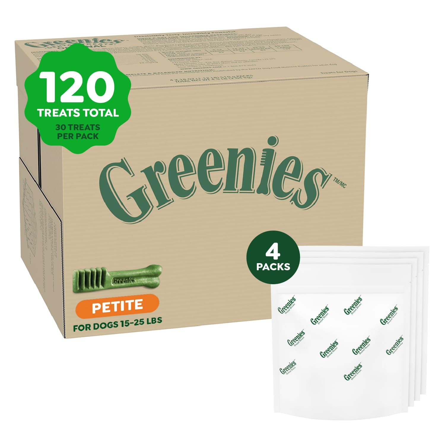 Greenies Veterinarian-Recommended Adult Natural Dental Dog Treats Petite Size, Original Flavor, (4) 30 ct Packs (120 Treats)