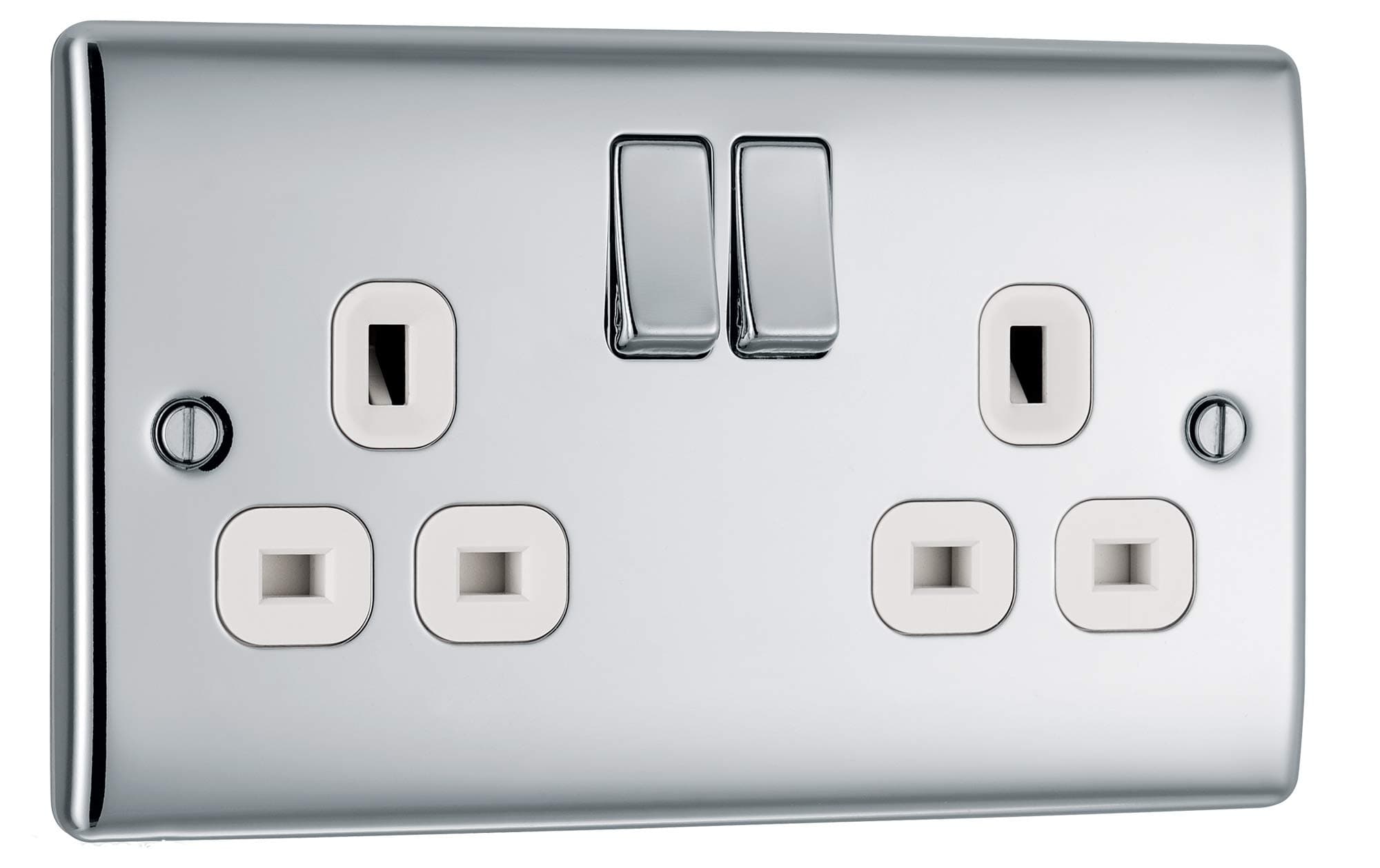 BG Electrical Double Switched Power Socket with White Inserts, Polished Chrome, 13 Amp