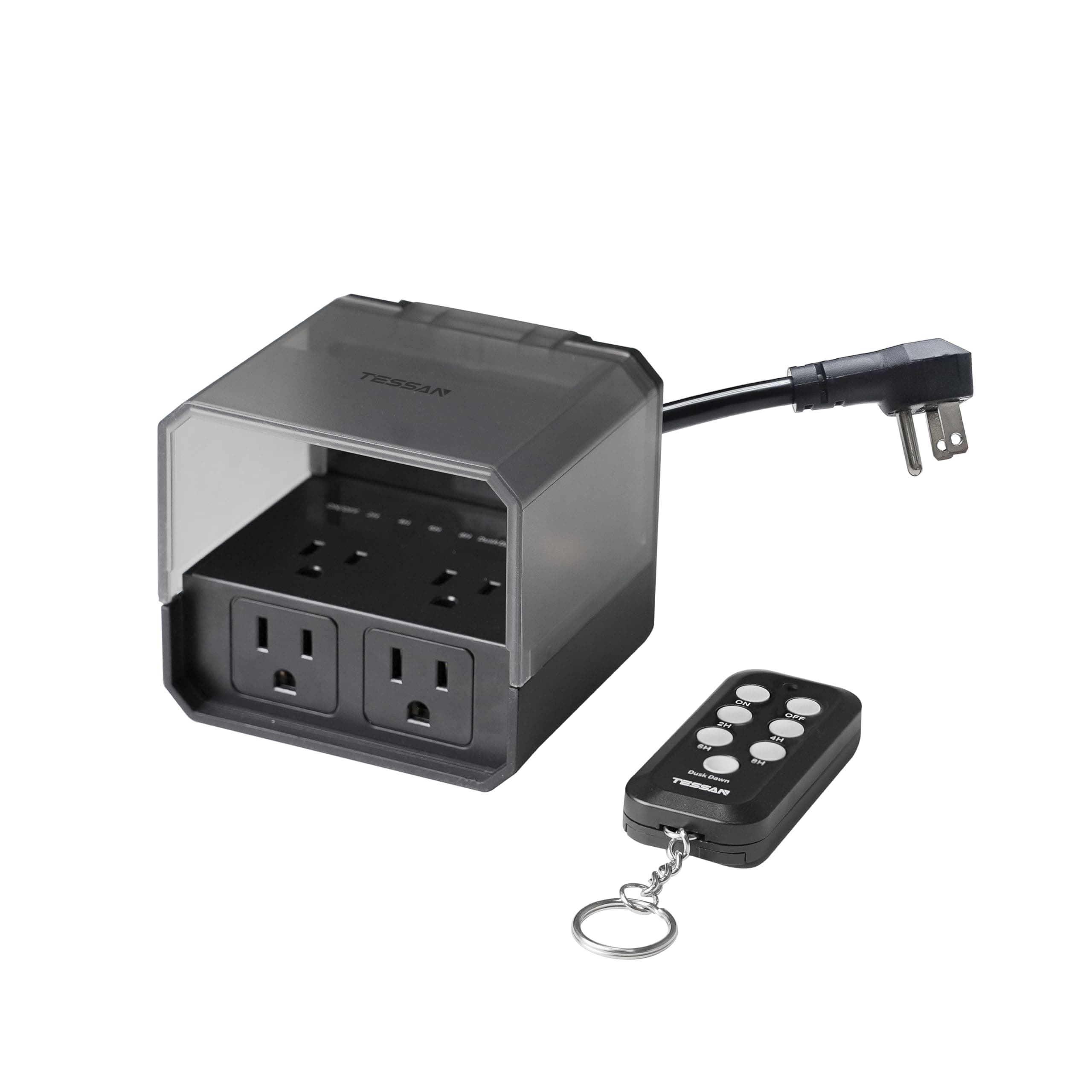 Outdoor Smart Plug, TESSAN Plug in Light Timer with 3 Sockets, Outdoor Timer Remote Control Outlet Switch 100ft, Dusk to Down Countdown Light Sensor Power Strip Weatherproof Cover for Home, Garden