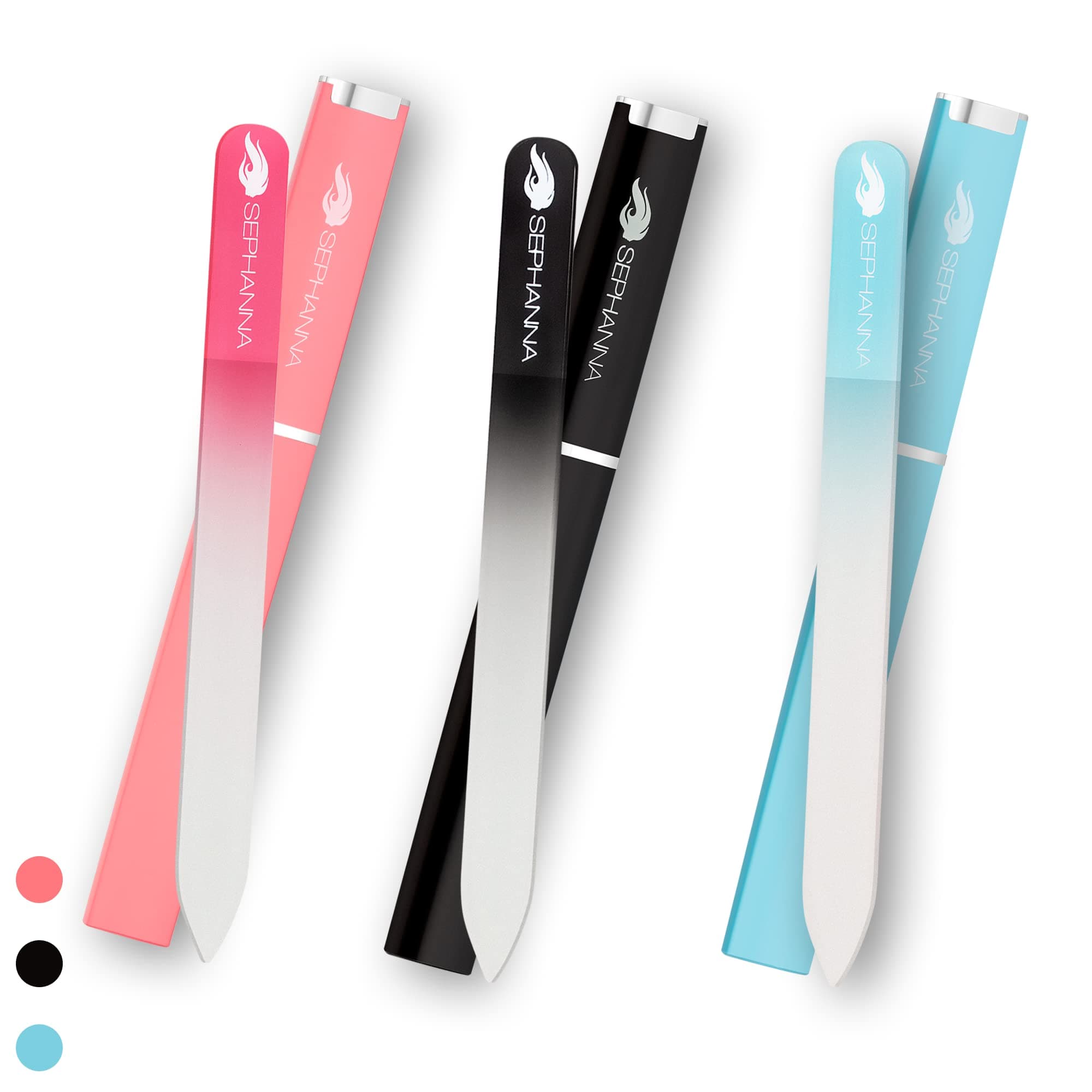 Premium Crystal Glass Nail File for Natural Nails, Professional Glass Nail Files with case for Unisex, Portable Glass Nail File Double Sided for Natural & Acrylic Nail Care (Black, Blue & Pink)