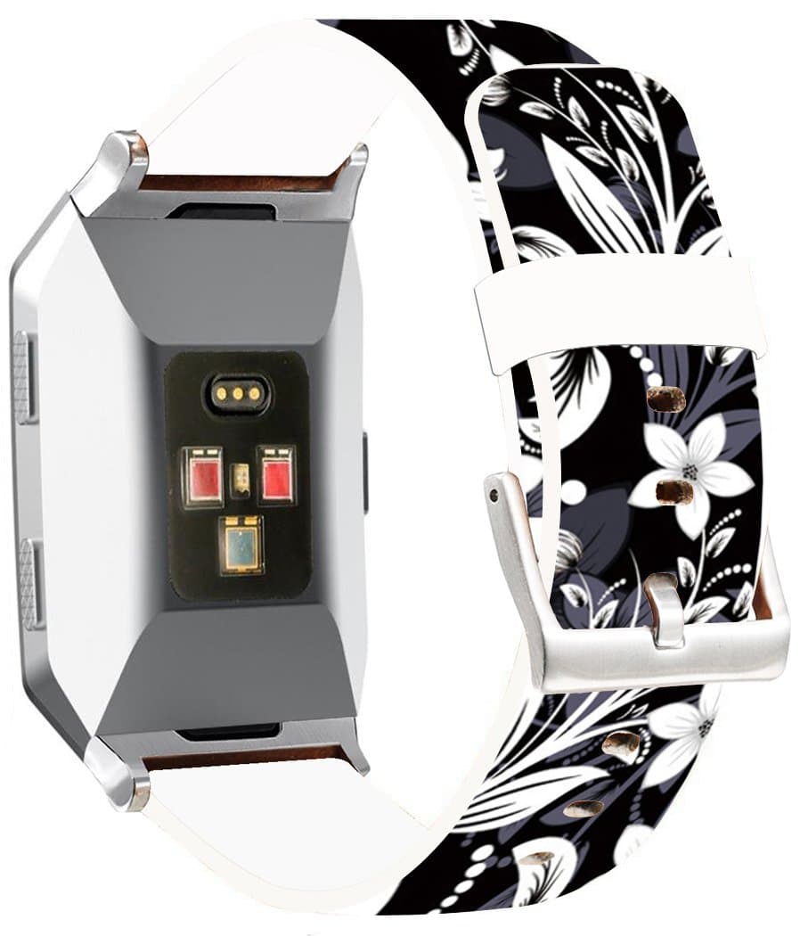 Bands Replacement Compatible for Fitbit Ionic - ENDIY Leather Strap for Compatible with Fitbit Ionic Small & Large Silver Women Men - Black Floral Flower Art Elegant Beautiful