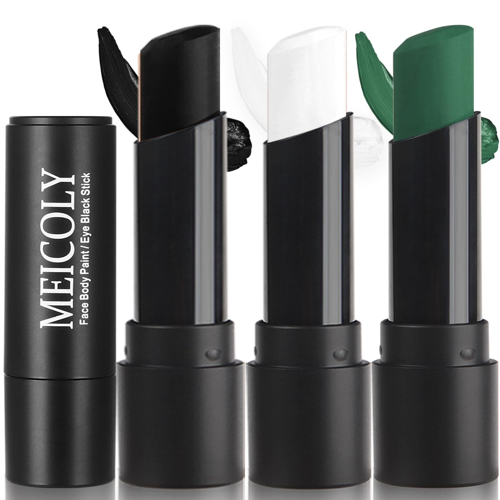 MEICOLY 3PCS Black White and Green Face Body Paint Stick,Waterproof Eye Black Baseball Softball Football,Face Paint Stick for Halloween SFX Cosplay Makeup