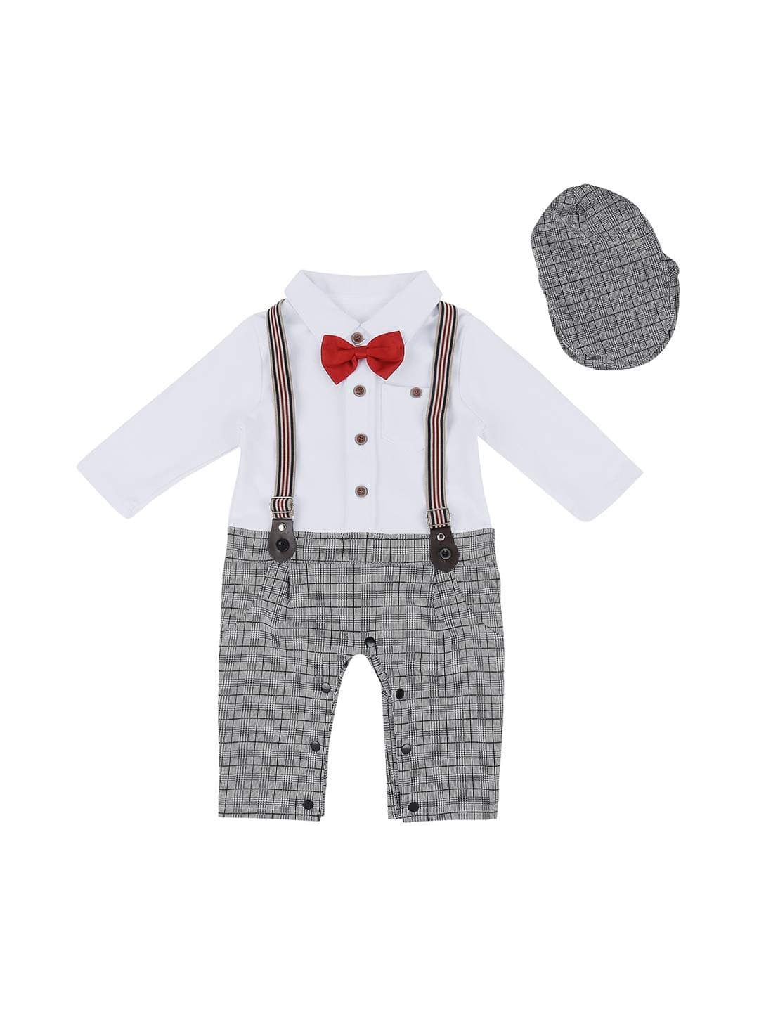 Hopscotch Baby Boys Cotton Suspender Style Bow Applique Romper in Gray Color for Ages 0-3 Months (SN-2002278)