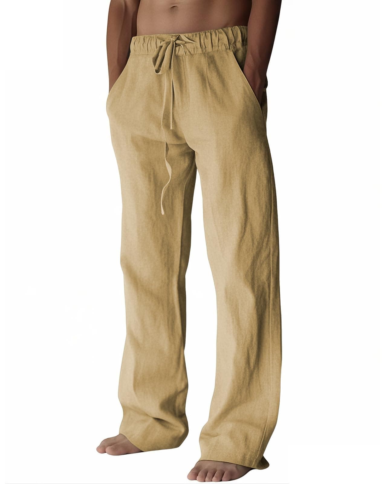Mens Cotton Linen Pants, Summer Beach Pants Casual Loose Fit with Elastic Waist Drawstring