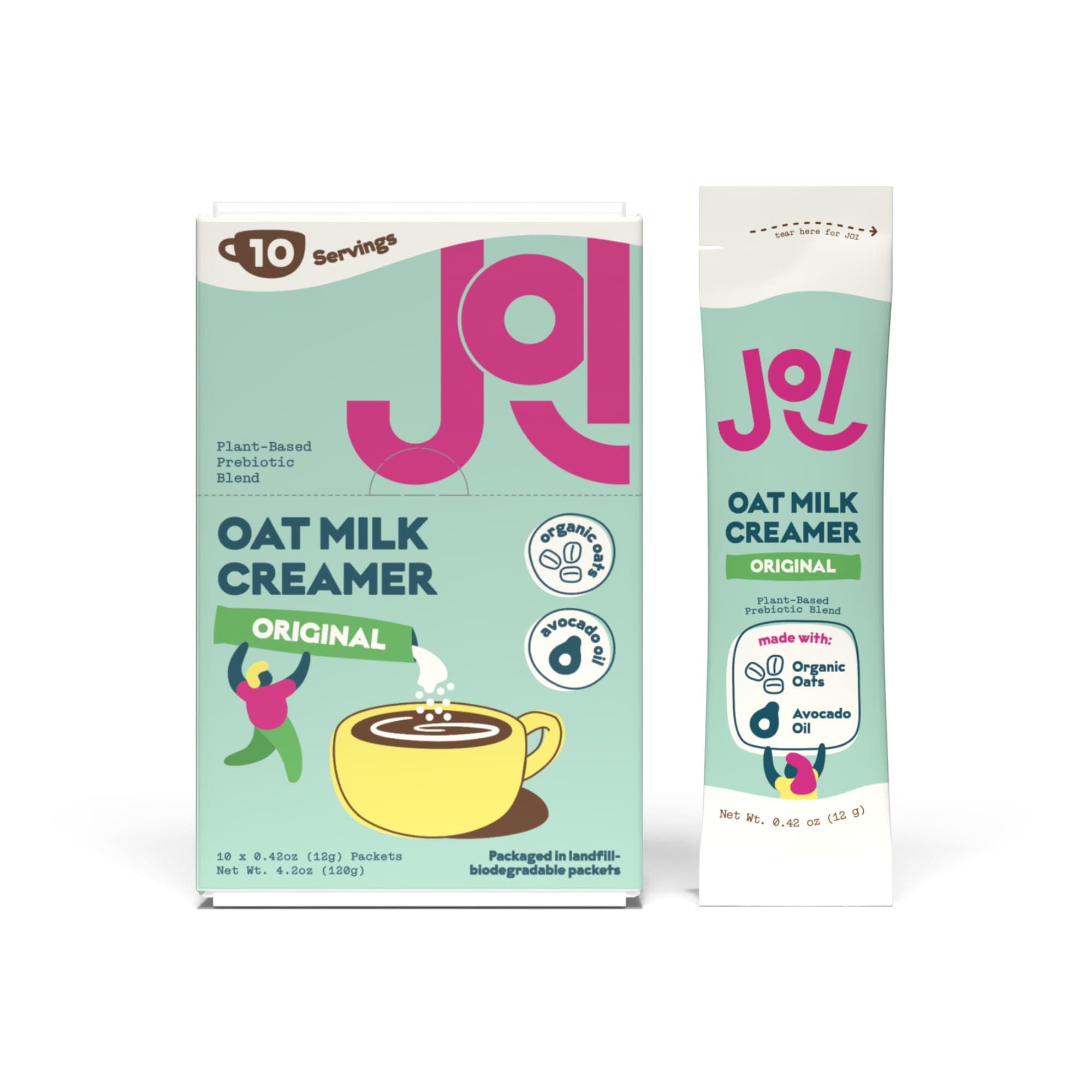 Oat Milk Coffee Creamer, Sweetened 10ct Carton by JOI - Superfood, Vegan, Dairy Free, Plant Based, Kosher, Shelf-Stable, Barista, Fortified with Calcium. Use in Coffee or Protein Shakes. Single Serve.