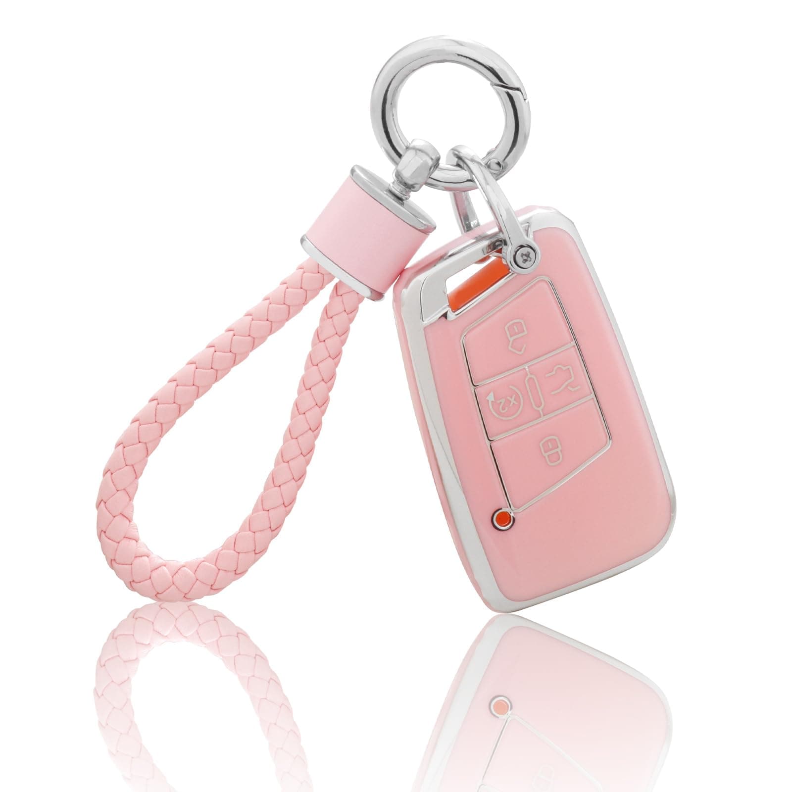 for VW Volkswagen Key Fob Cover with Keychain, Pink Soft TPU Key Case Protection Fit for Tiguan Atlas Jetta Passat Golf Alltrack Smart Key