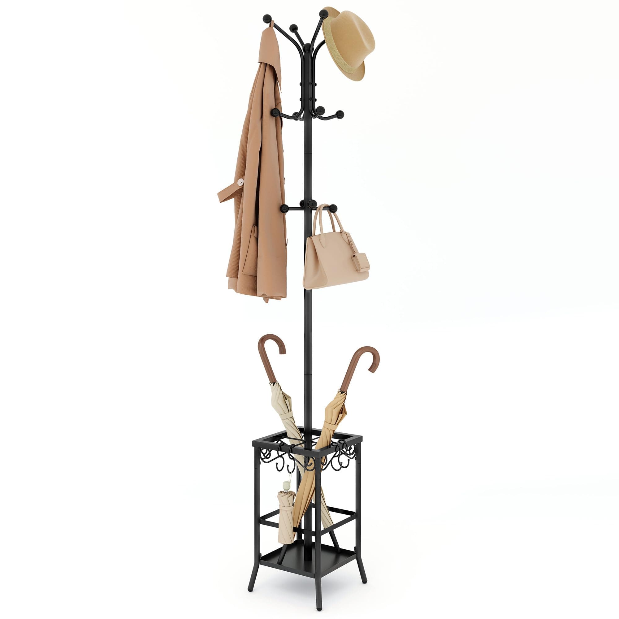 Hoctieon Coat Rack Freestanding, Coat Tree with Umbrella Holder, Metal Coat Rack Stand with 12 Hooks, Standing Coat Hanger Stand, Umbrella Stand for Entryway, Hat Rack Stand for Home Office, Black
