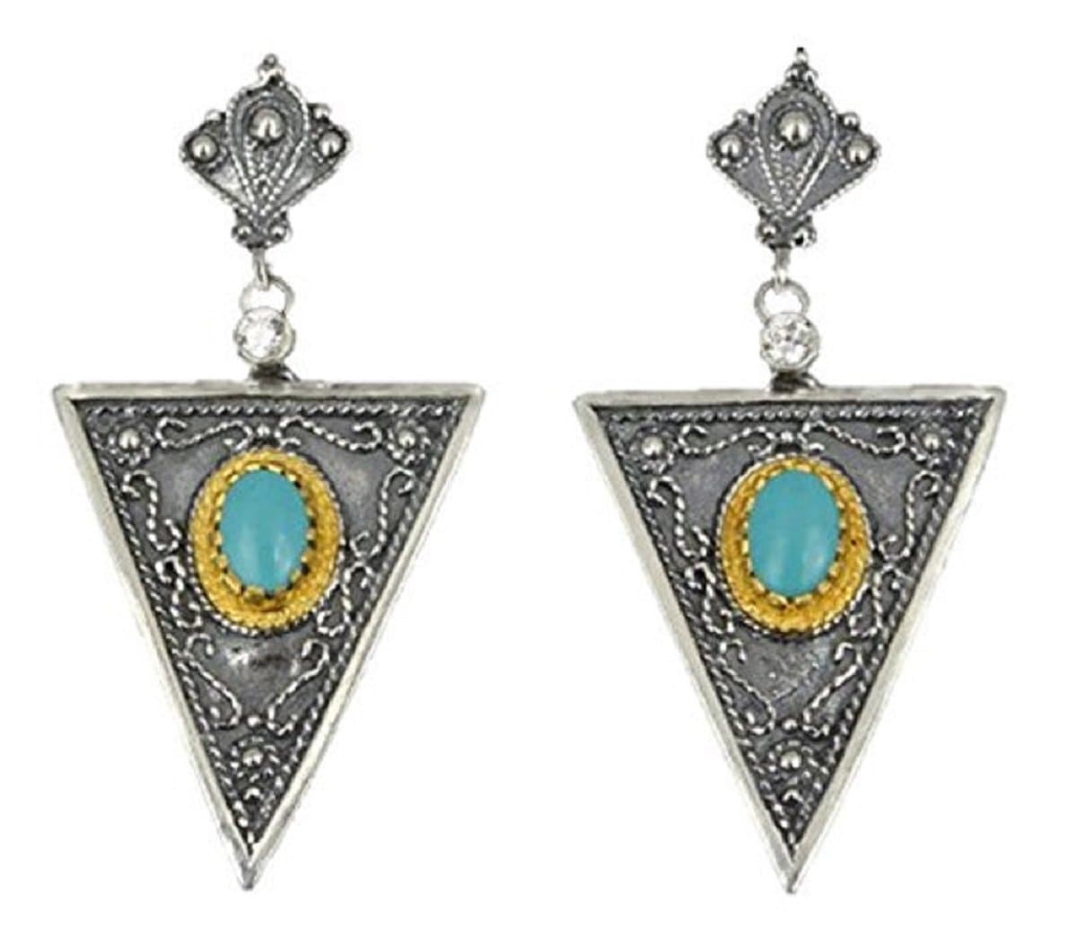 Irene Greek JewelryBlue Turquoise Earrings Byzantine Style 925 Sterling Silver & 22K Gold Plated Greek Handmade Art Rare Luxury