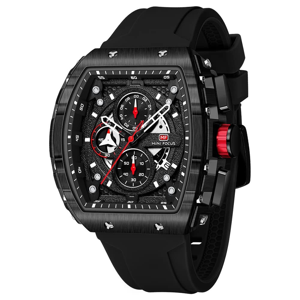 Men's Watch Fashion Tonneau Wrist Watches (Chronograph/Waterproof/Luminous/Calendar) Silicon Strap Quartz Watch for Men